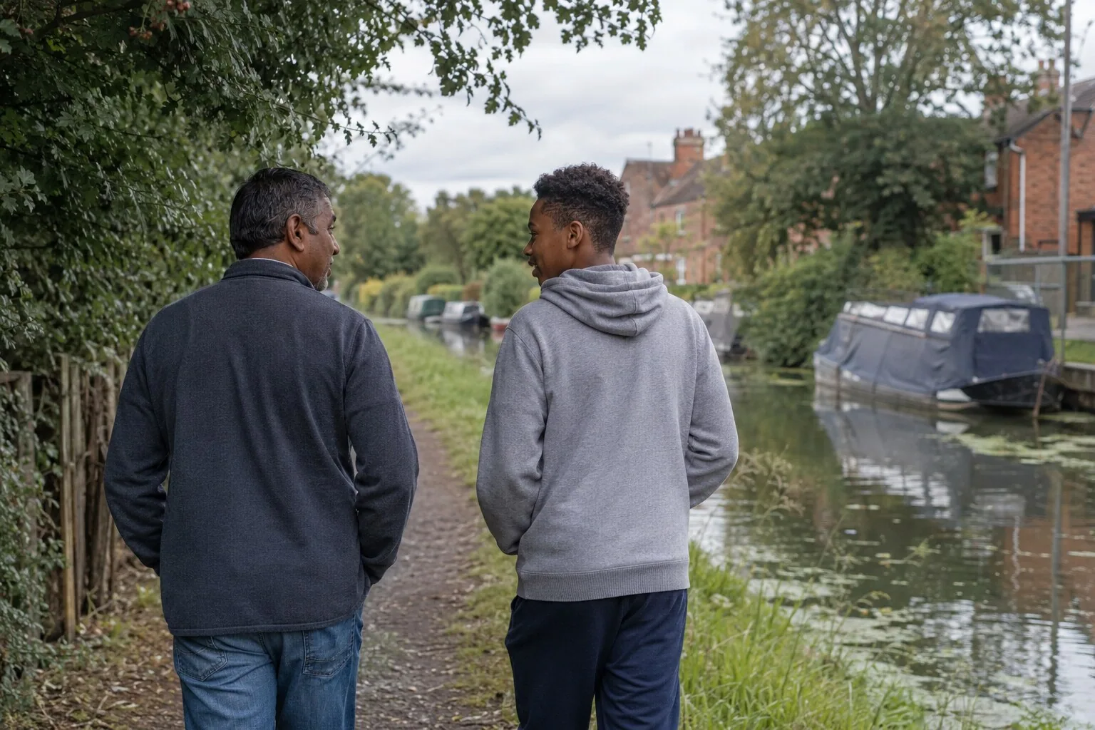 An adult and a teenager walking and talking beside a canal