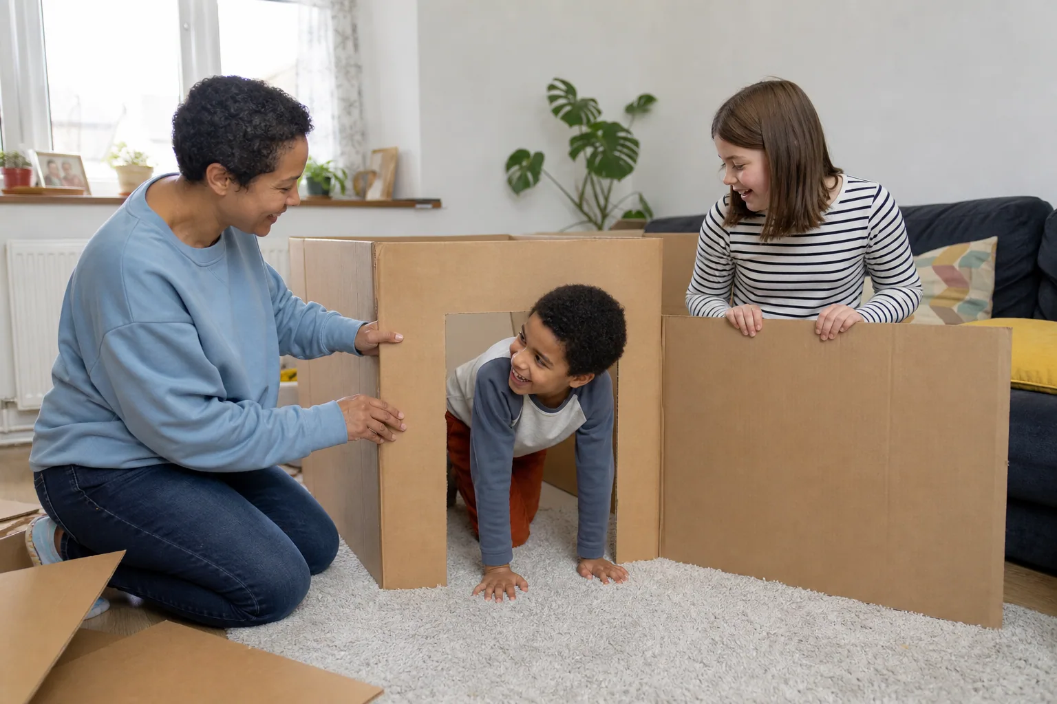 An adult and two children build a cardboard den in a living room.