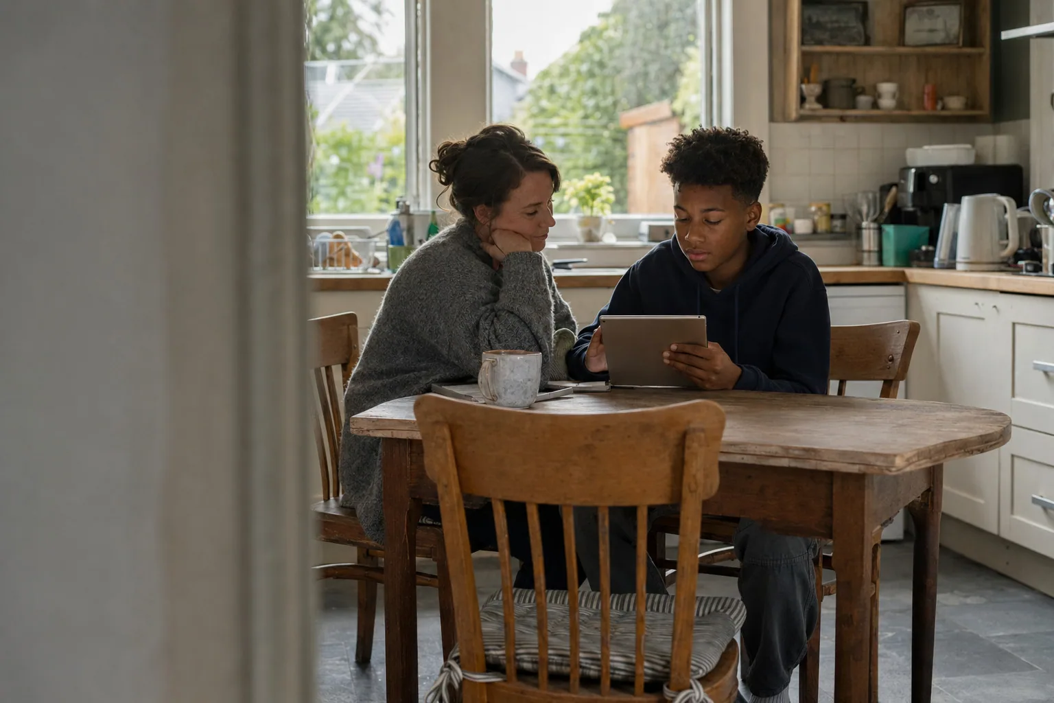 An adult and a teenager looking at a tablet together