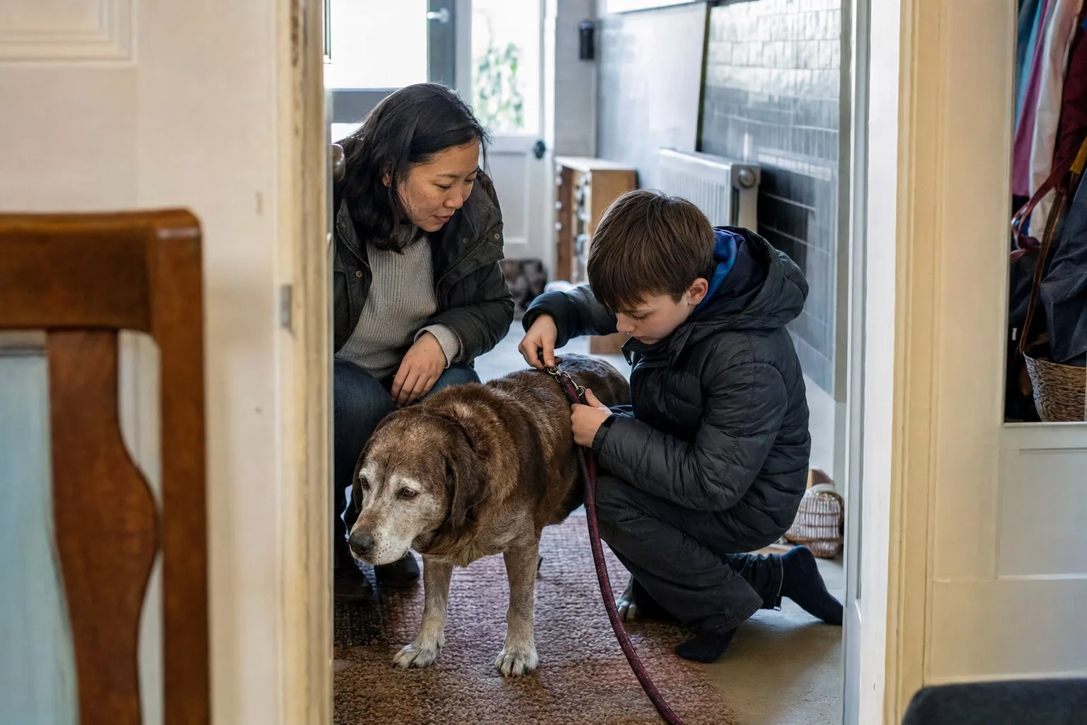 An adult and a child stroking their dog in the hallway