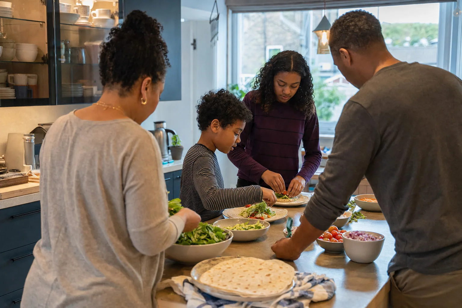 Adults and children preparing a meal together in the kitchen