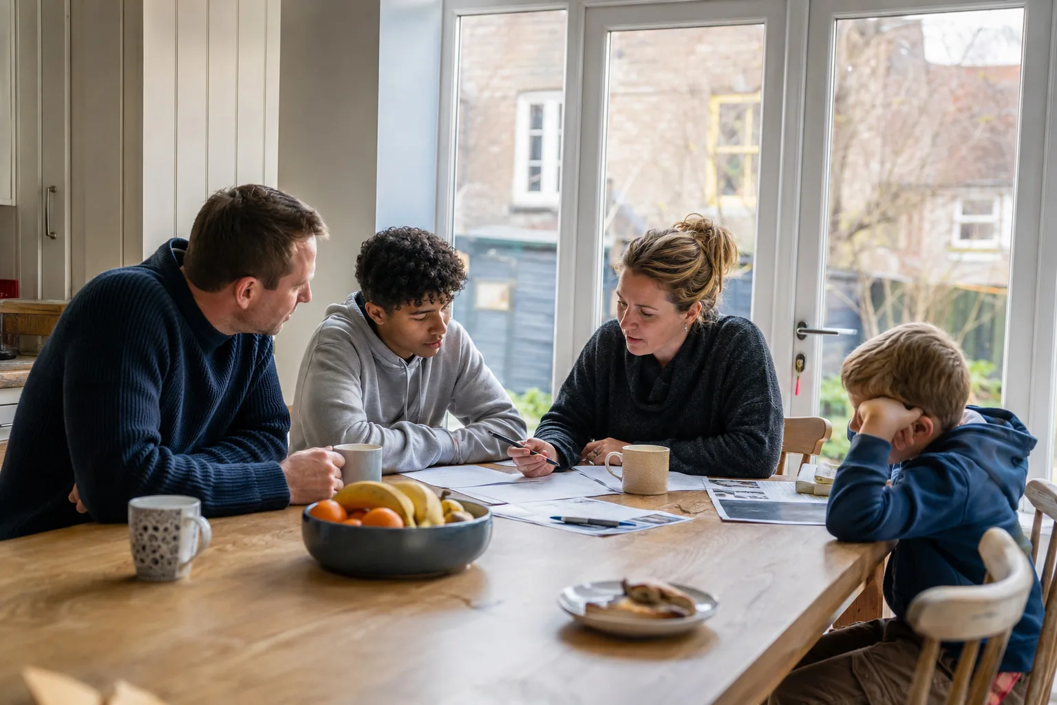 Adults and children gathered around the kitchen table with notebooks