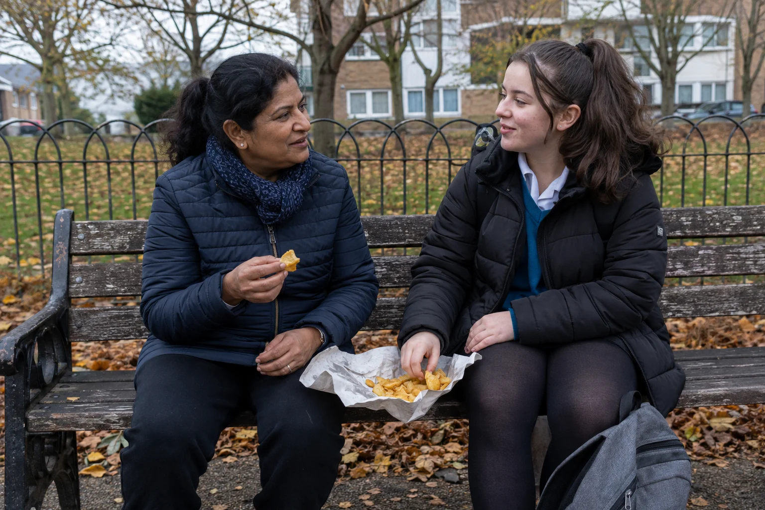 A woman and a teenager sharing a snack on a park bench