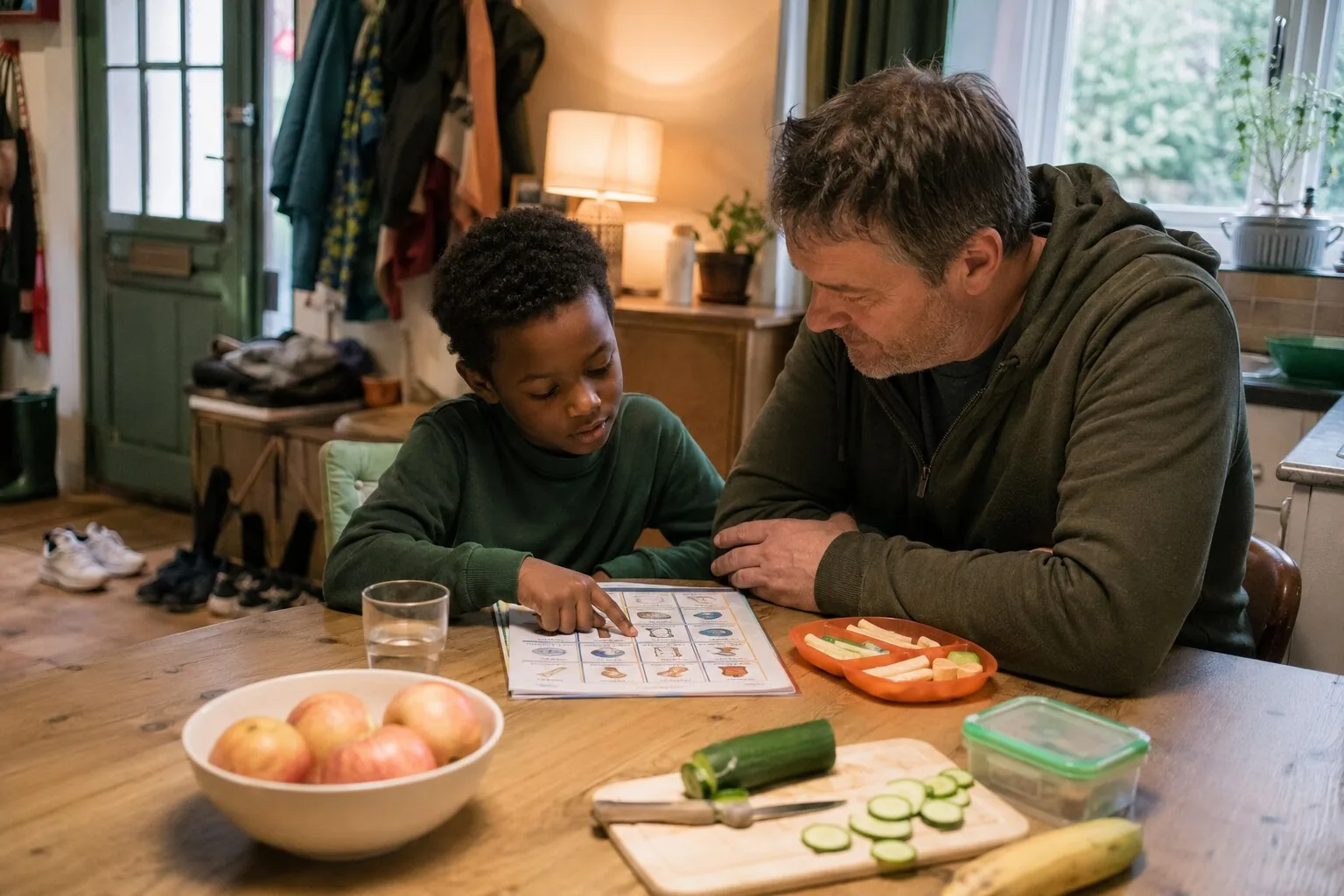 An adult and a child looking at a colourful sheet during a snack