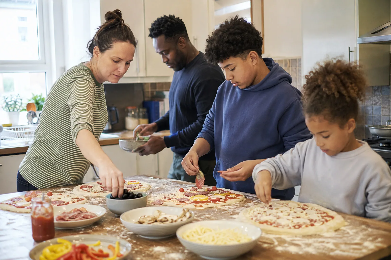 Adults and children making pizzas together in their kitchen