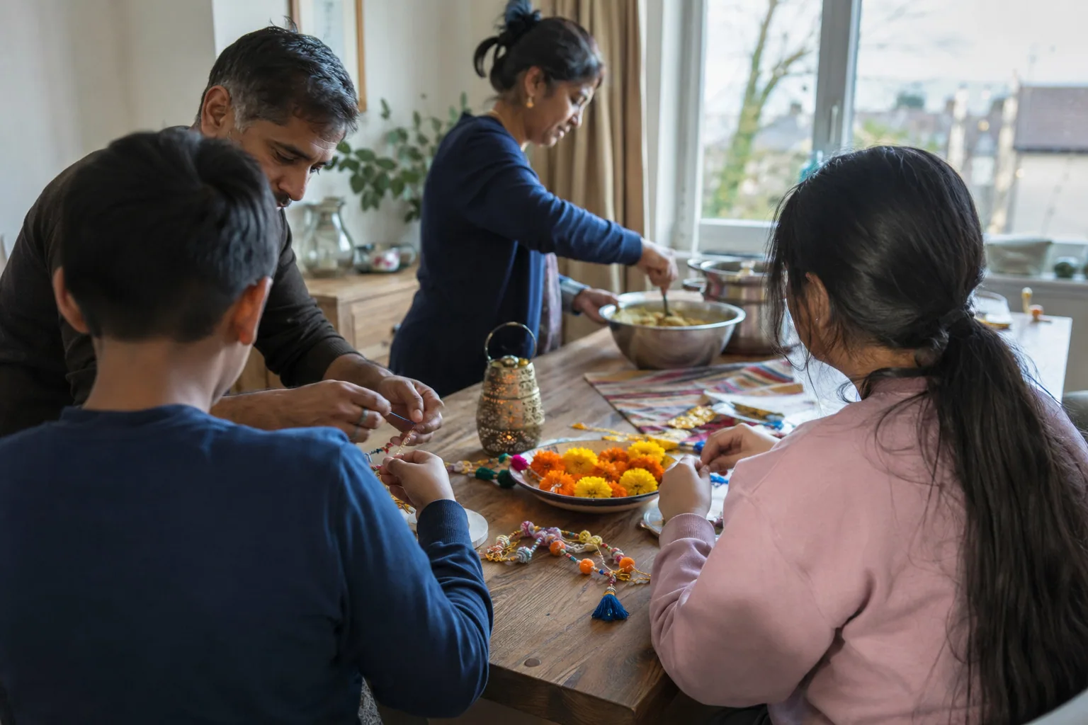 Adults and children making decorations around the dining table