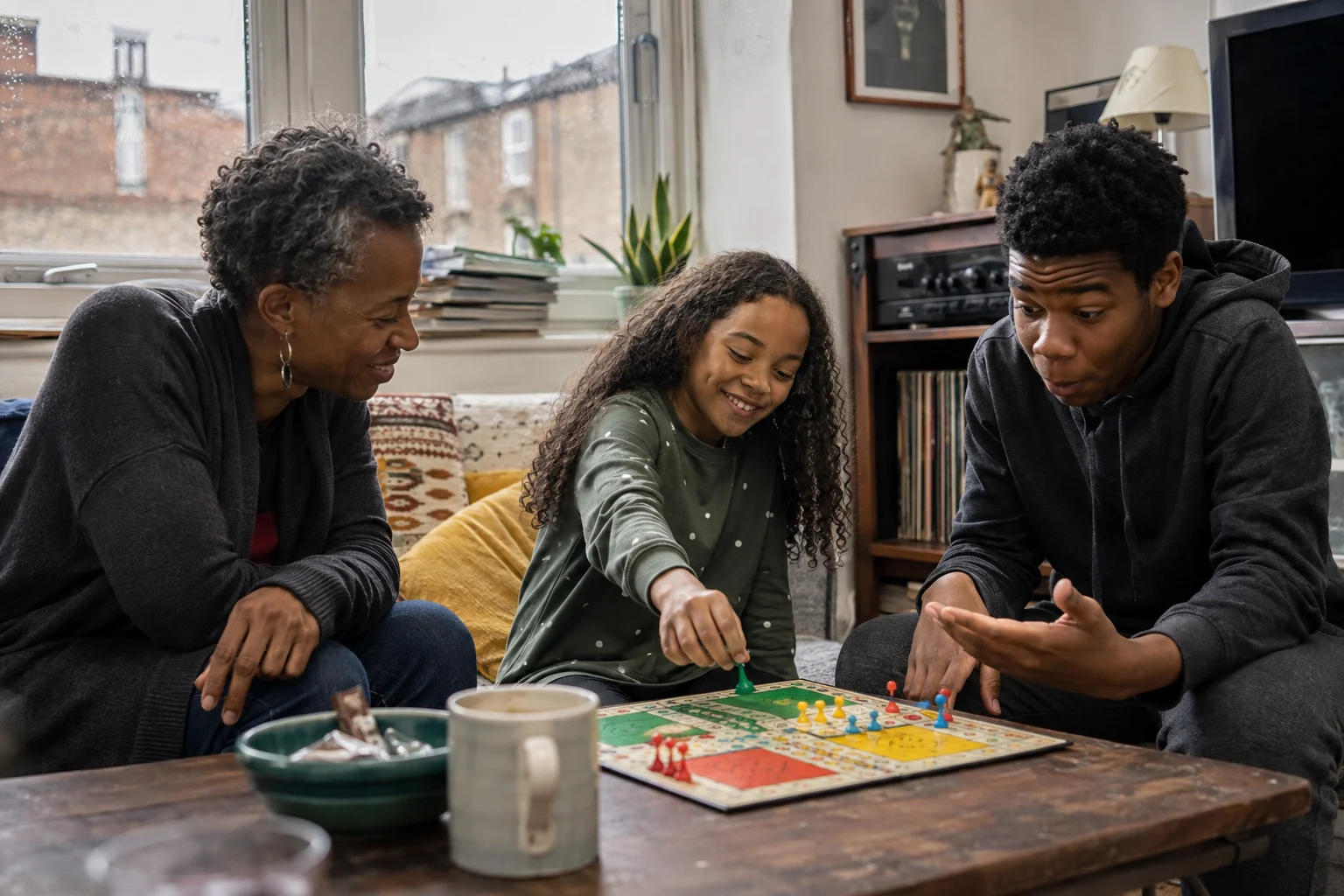 An adult and two children enjoying a board game