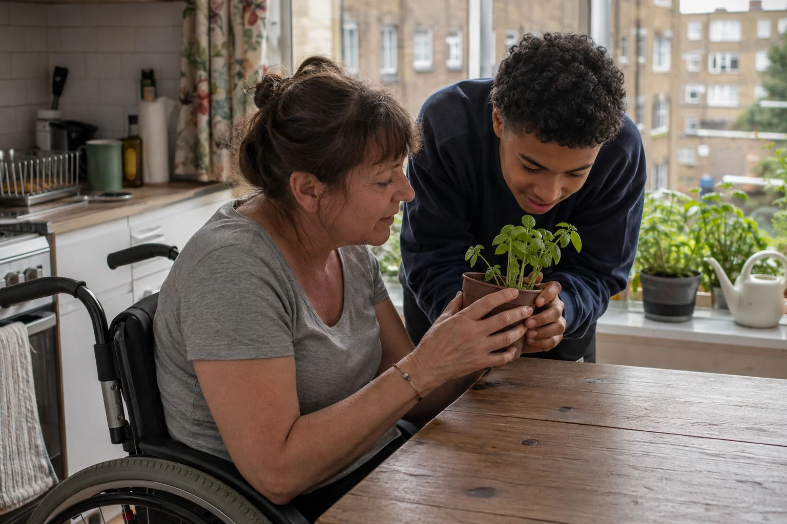 A woman using a wheelchair and a teenager checking a pot of herbs