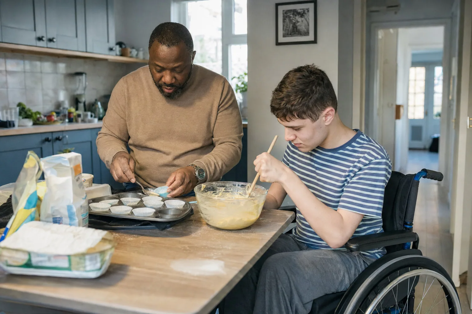 An adult and a young wheelchair user baking together at the kitchen table