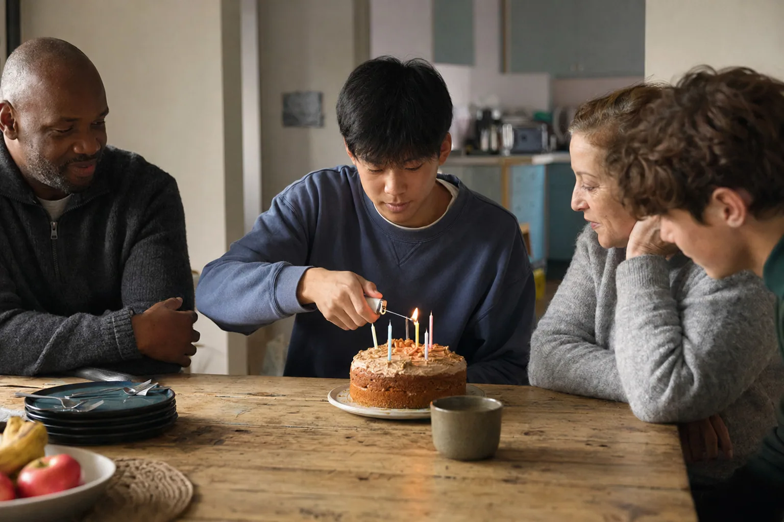A teenager lighting candles on a birthday cake with family around the table