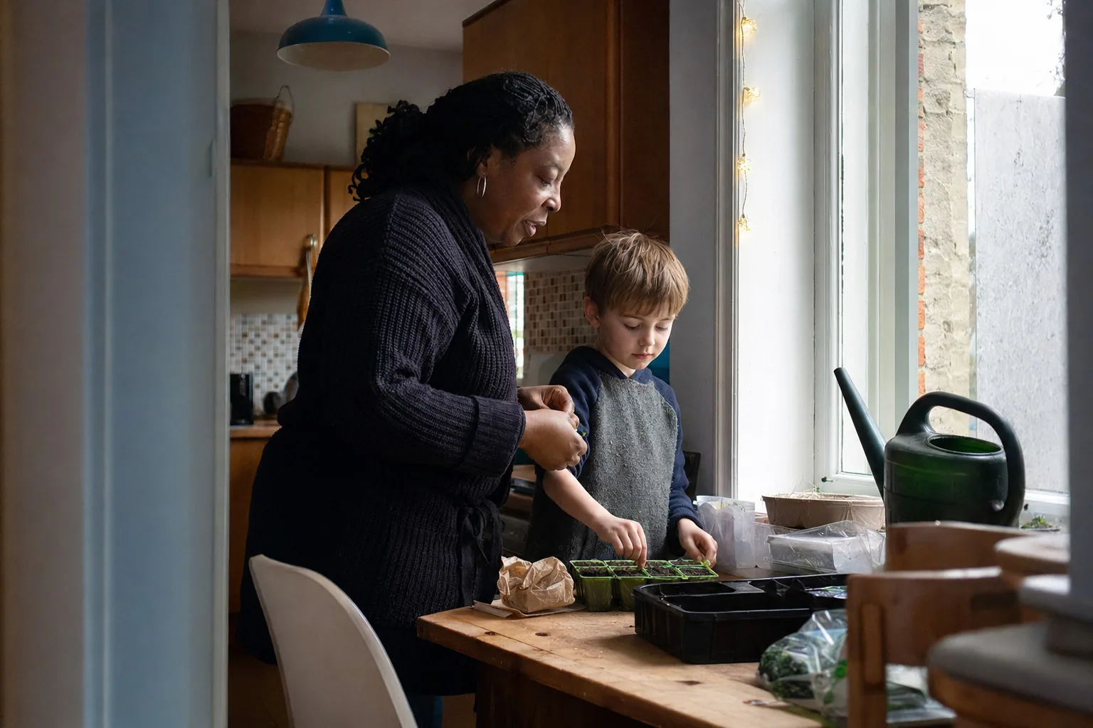 An adult and a child planting seeds together at home