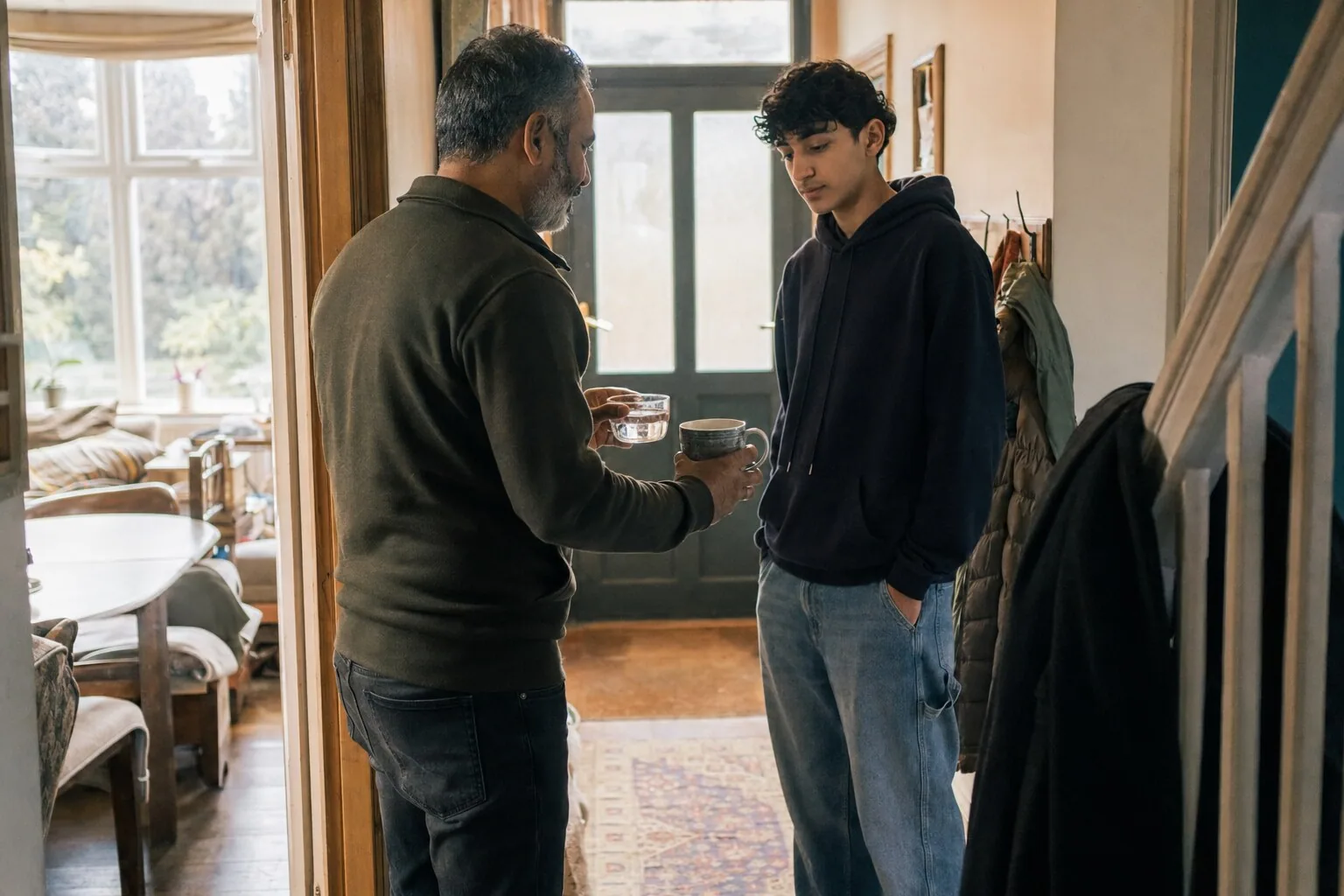 An adult handing a mug to a teenager by the stairs