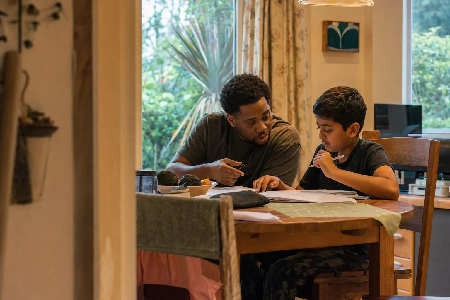 An adult helping a child with a book at the table