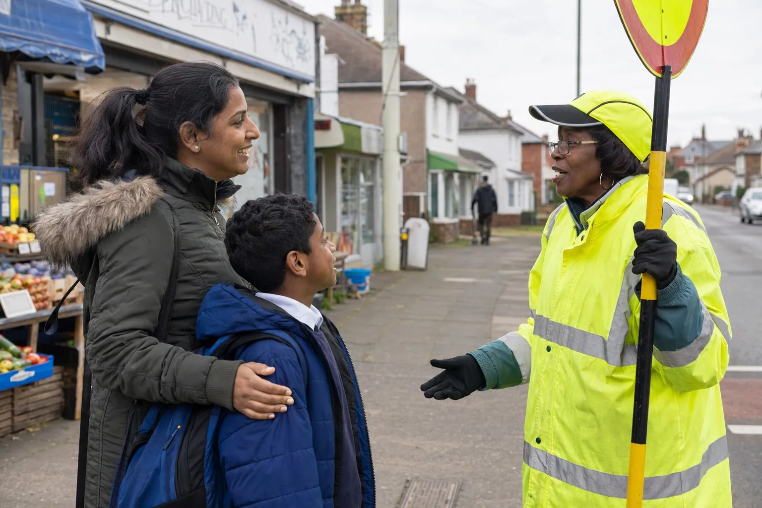 An adult and child chatting with a school crossing patrol on a local street