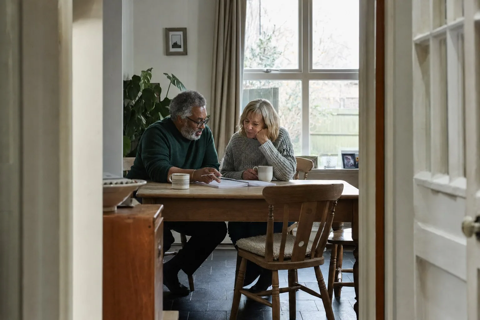 Two adults talking together over tea
