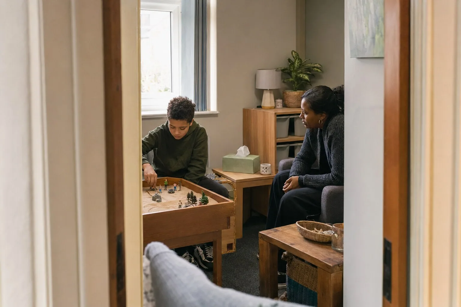 An adult sitting beside a child playing with a small table-top toy