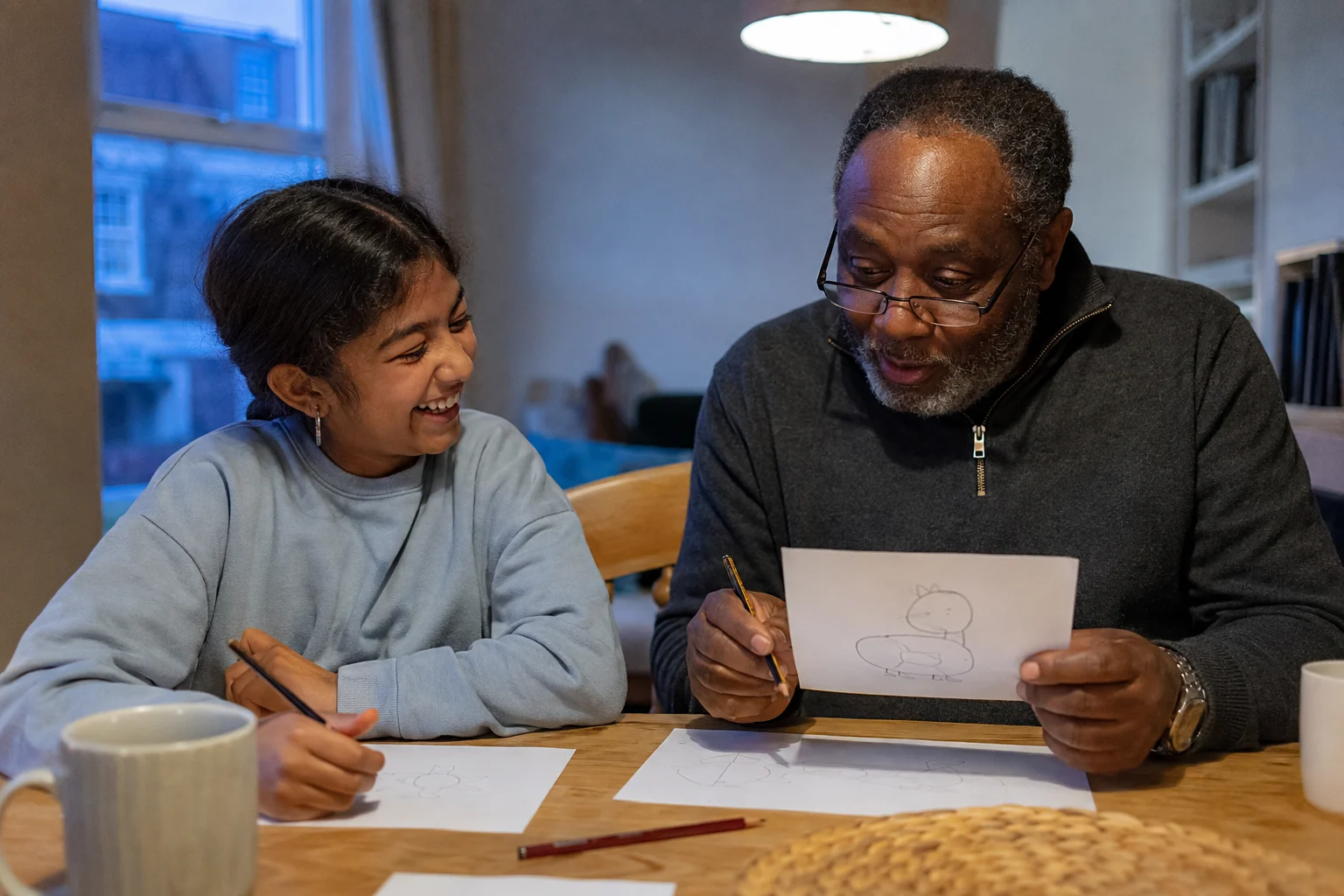 A man and a child laughing over drawings at the kitchen table