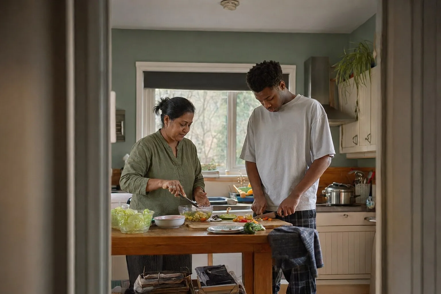 An adult and a teenager preparing a meal together