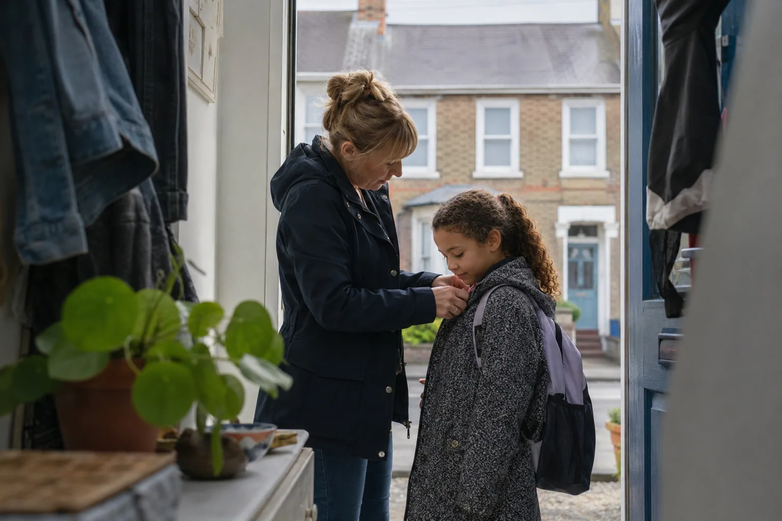 An adult helping a child fasten their coat before leaving home