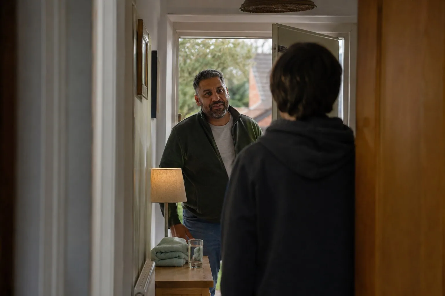 An adult welcoming a young person home in the evening