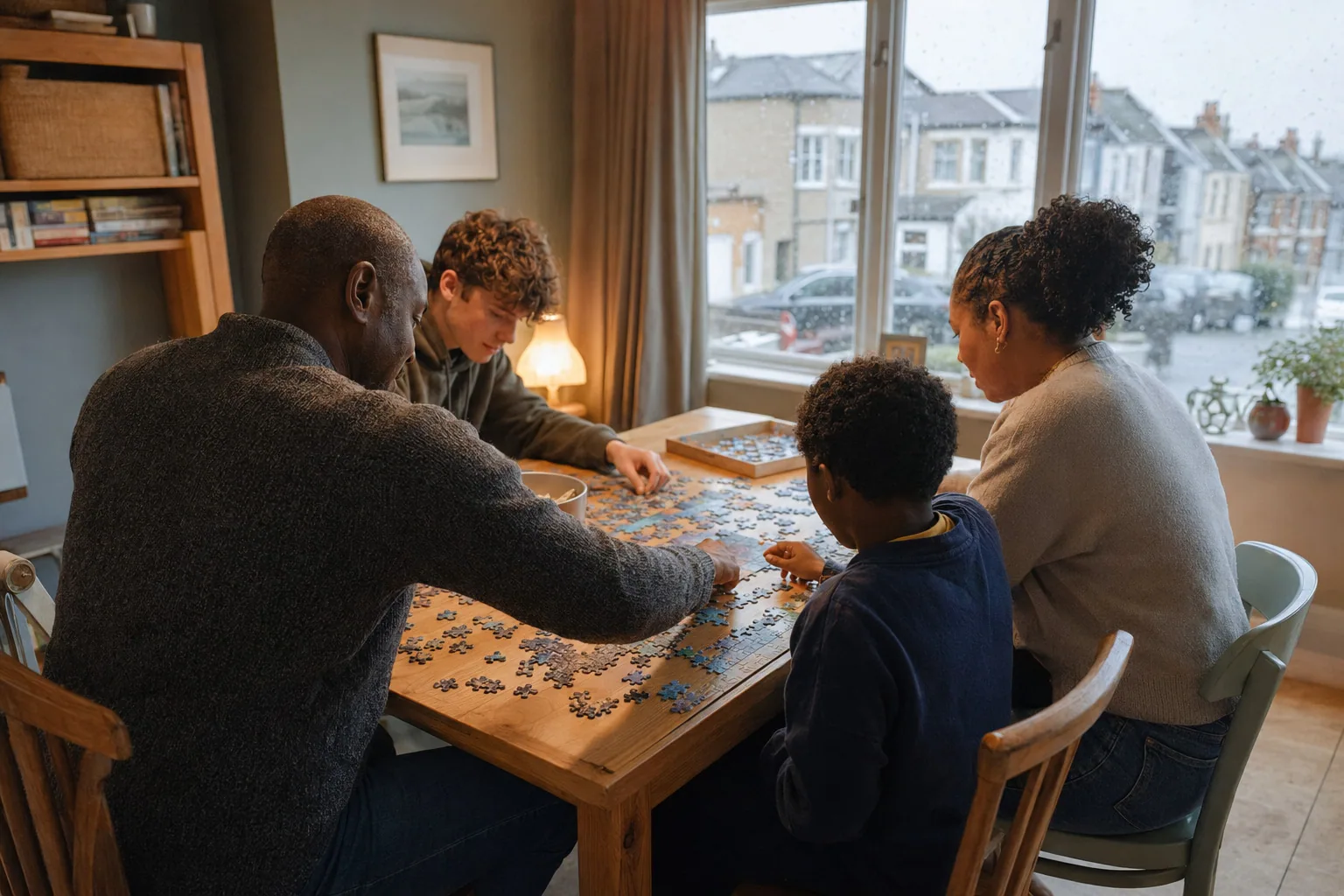 Adults and children completing a jigsaw around a table
