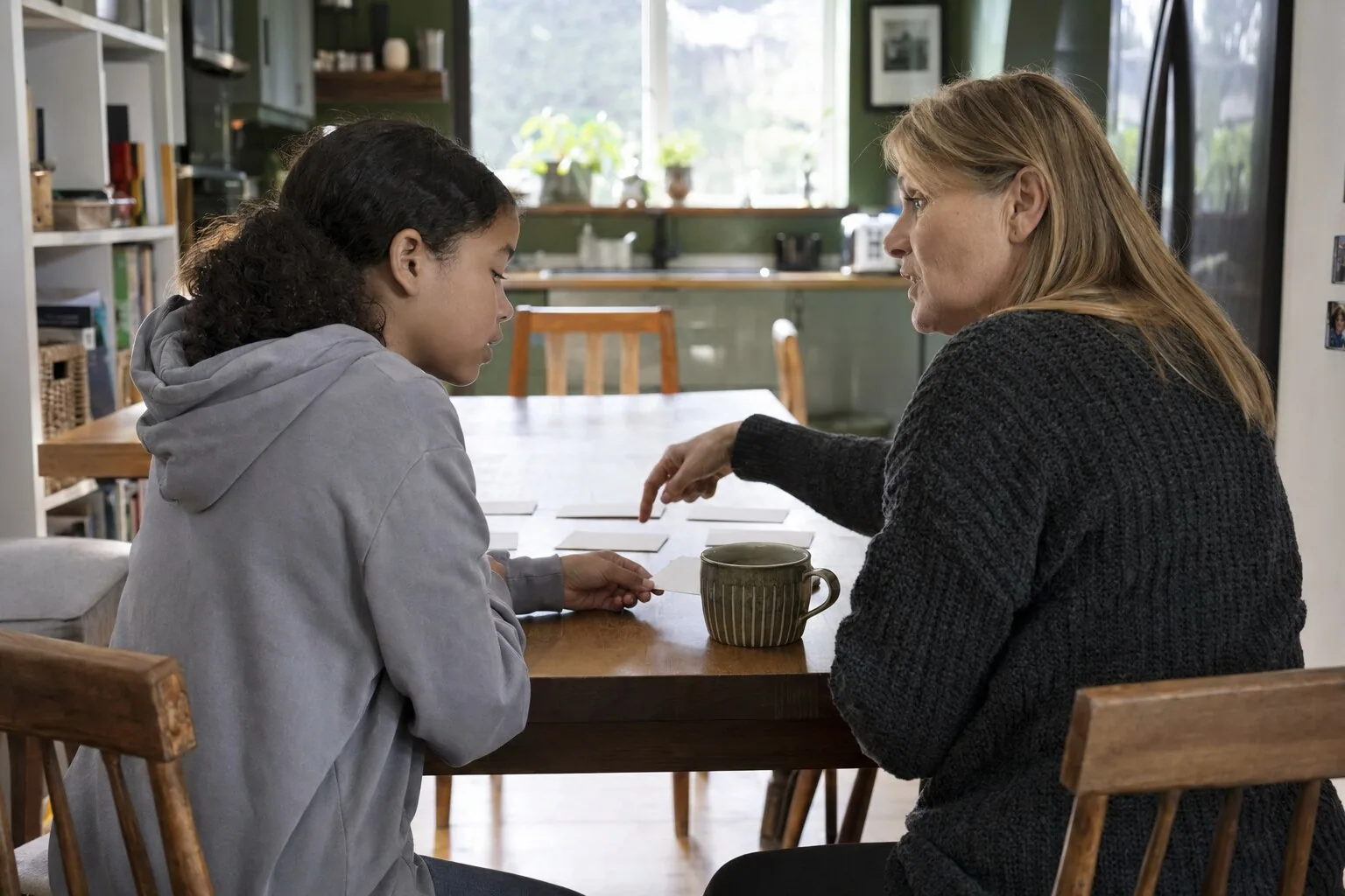 An adult and a young person talking over papers at a kitchen table