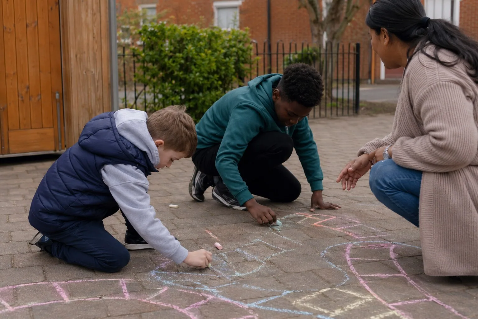 Two children drawing with chalk while an adult kneels nearby