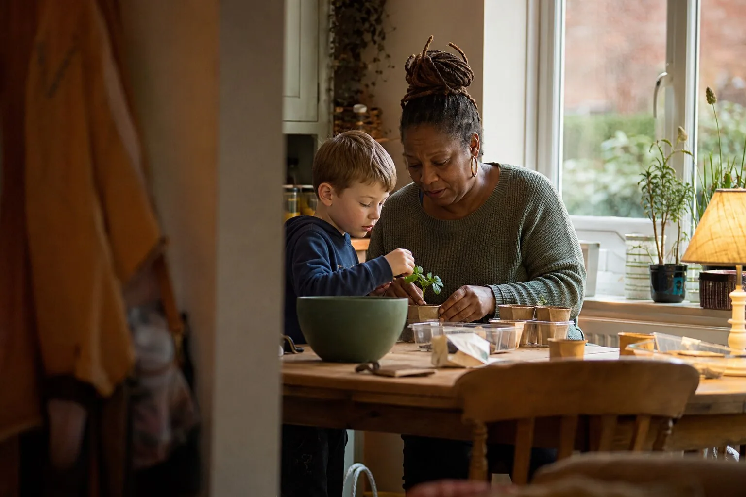 An adult and a child mixing ingredients together in the kitchen