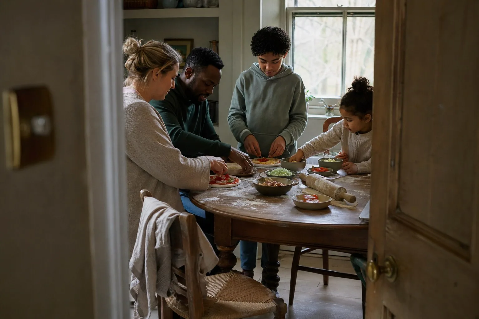 Adults and children chopping and preparing food together