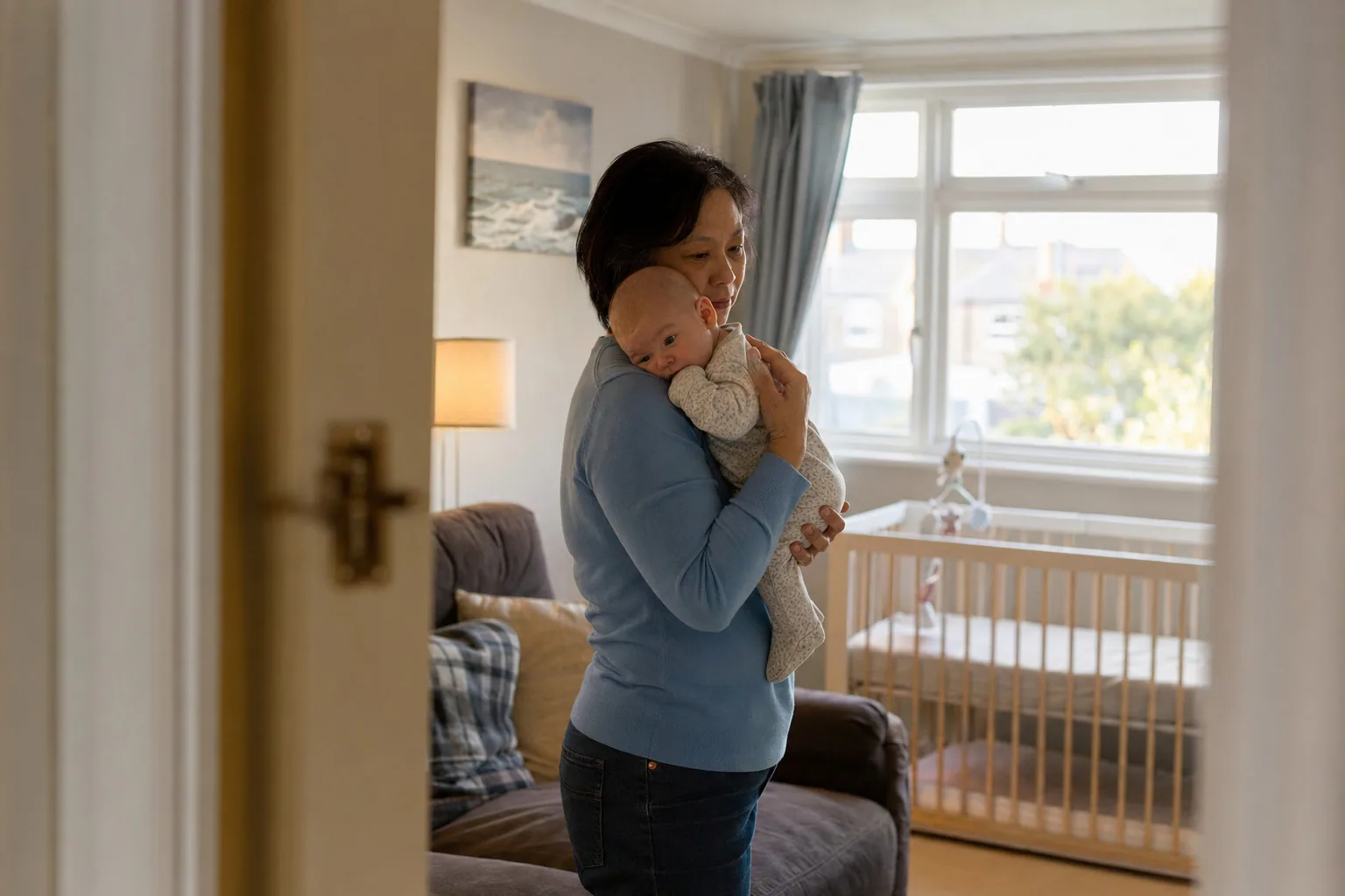 An adult holding a baby close beside a cot