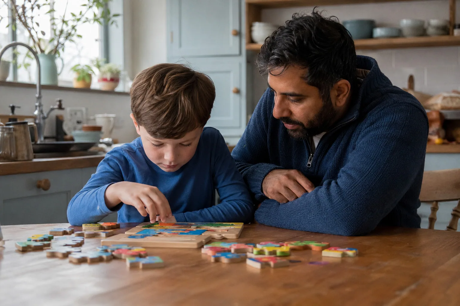 An adult and a child working on a jigsaw at the kitchen table