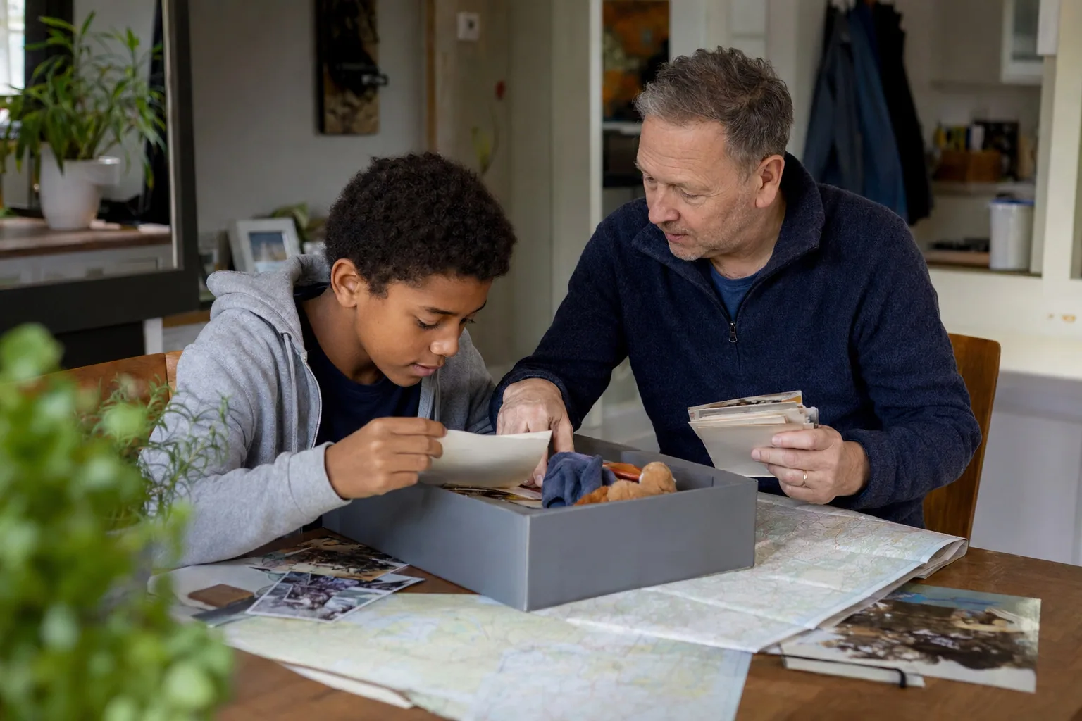 An adult and a young person looking through a keepsake box and photographs