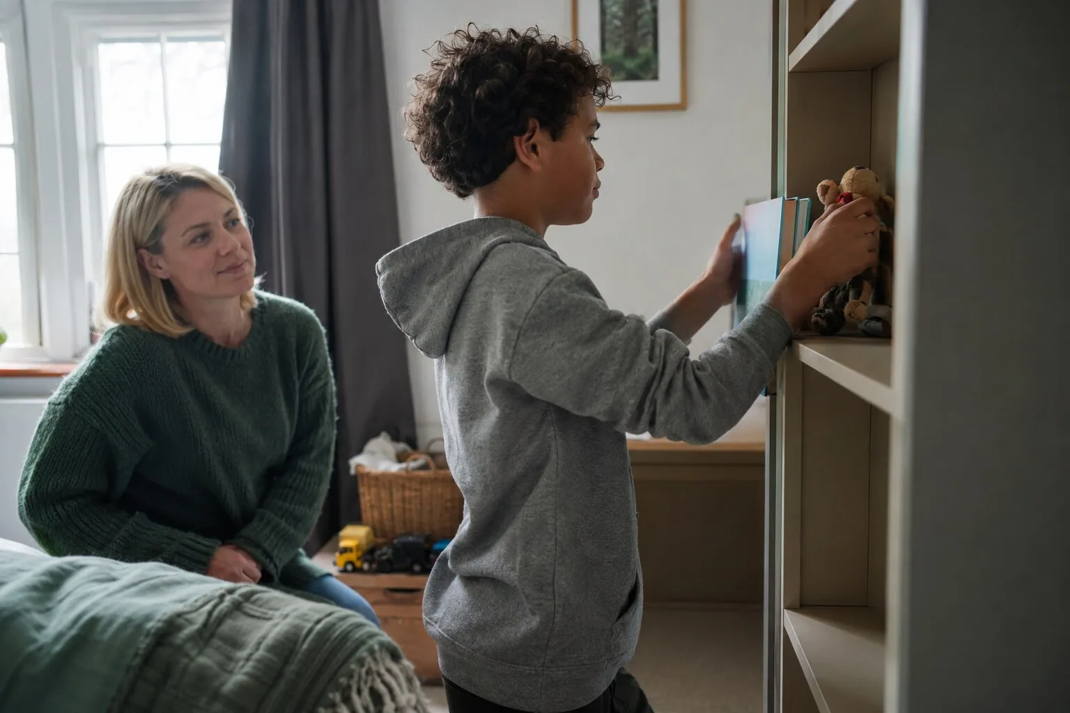 A child arranging belongings on a shelf while an adult watches nearby