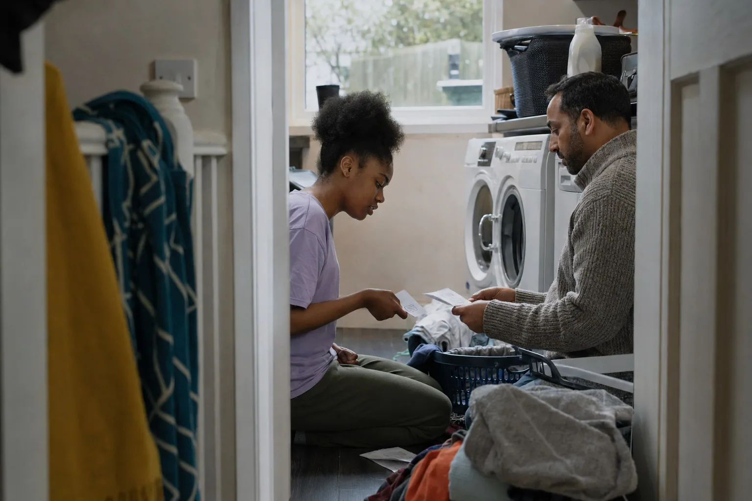 An adult and a young person sorting laundry beside the washing machine