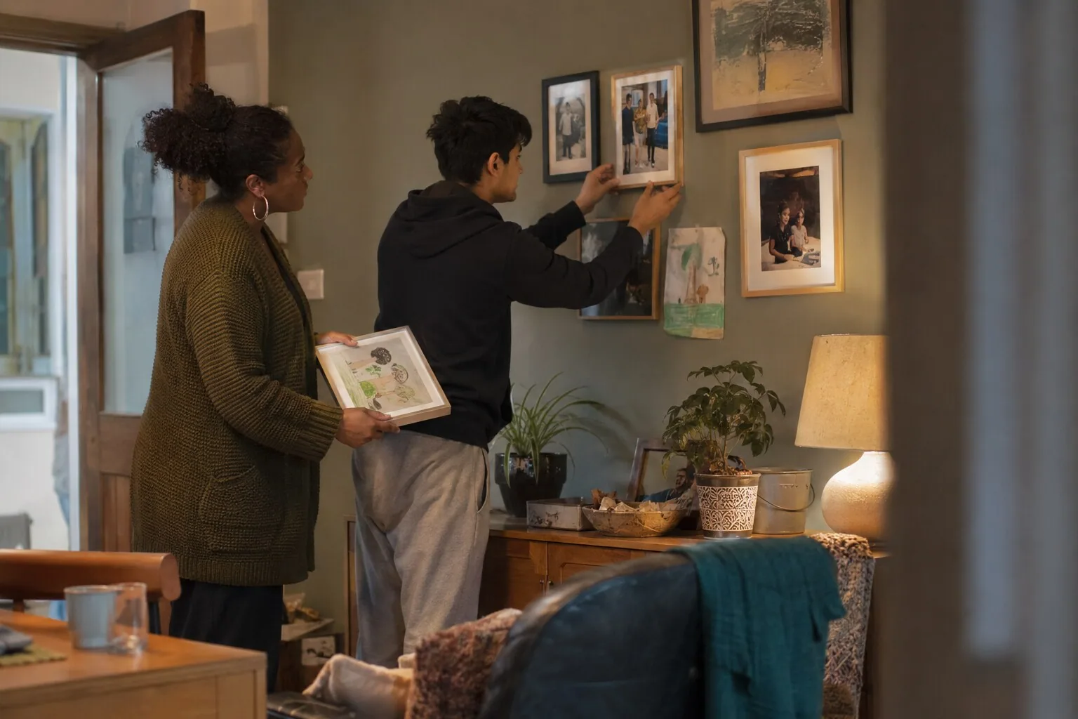 An adult and a young person arranging photographs on a wall