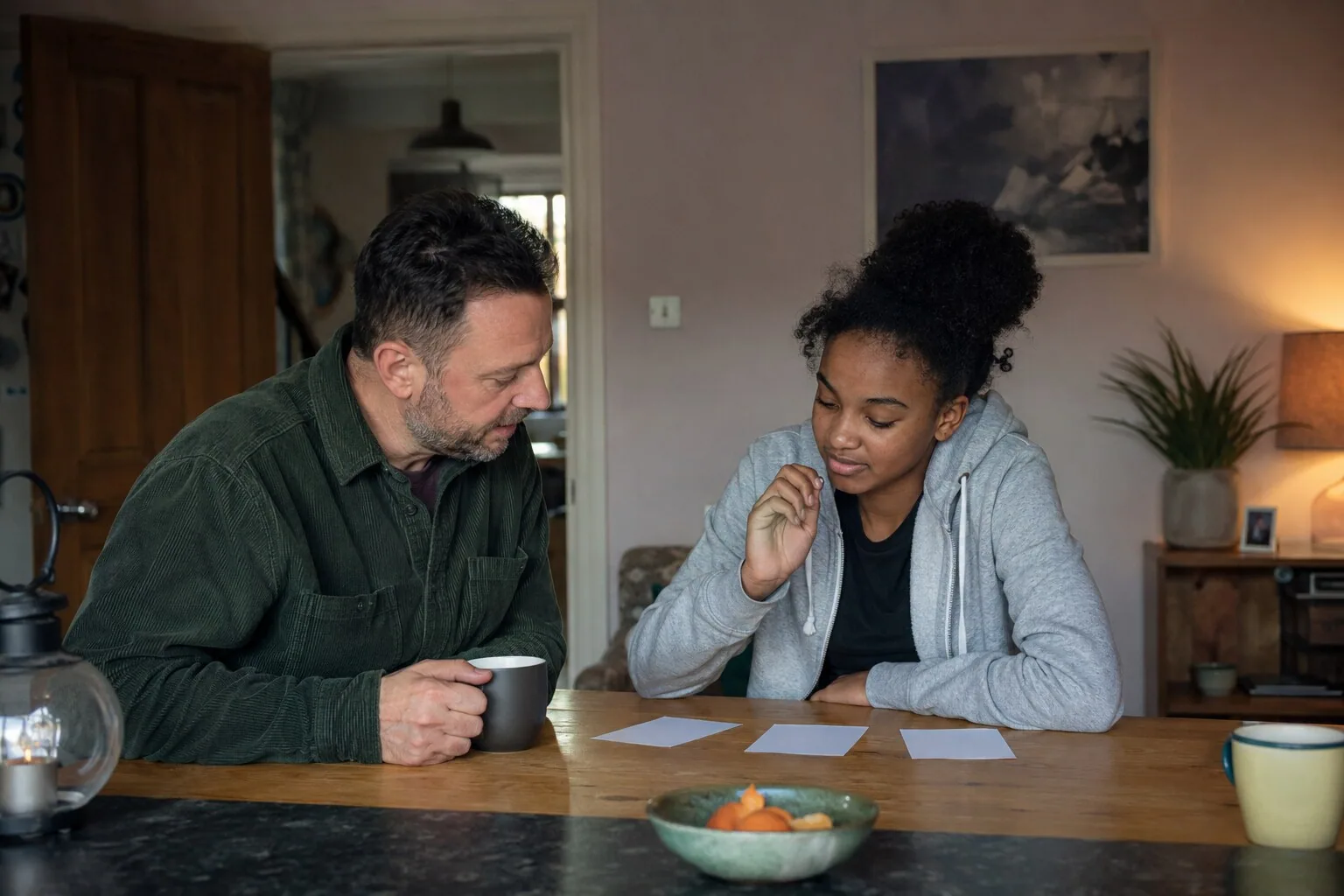 An adult and a teenager talking over papers and snacks at home