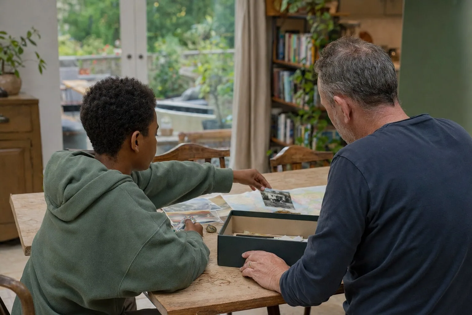 An adult and a child looking through photographs and a keepsake box