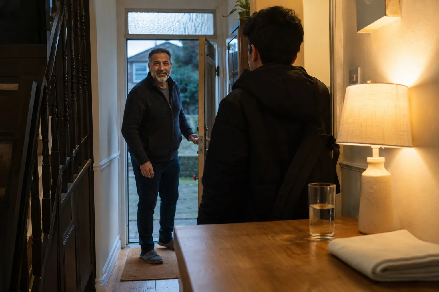 An adult welcoming a teenager home in the evening