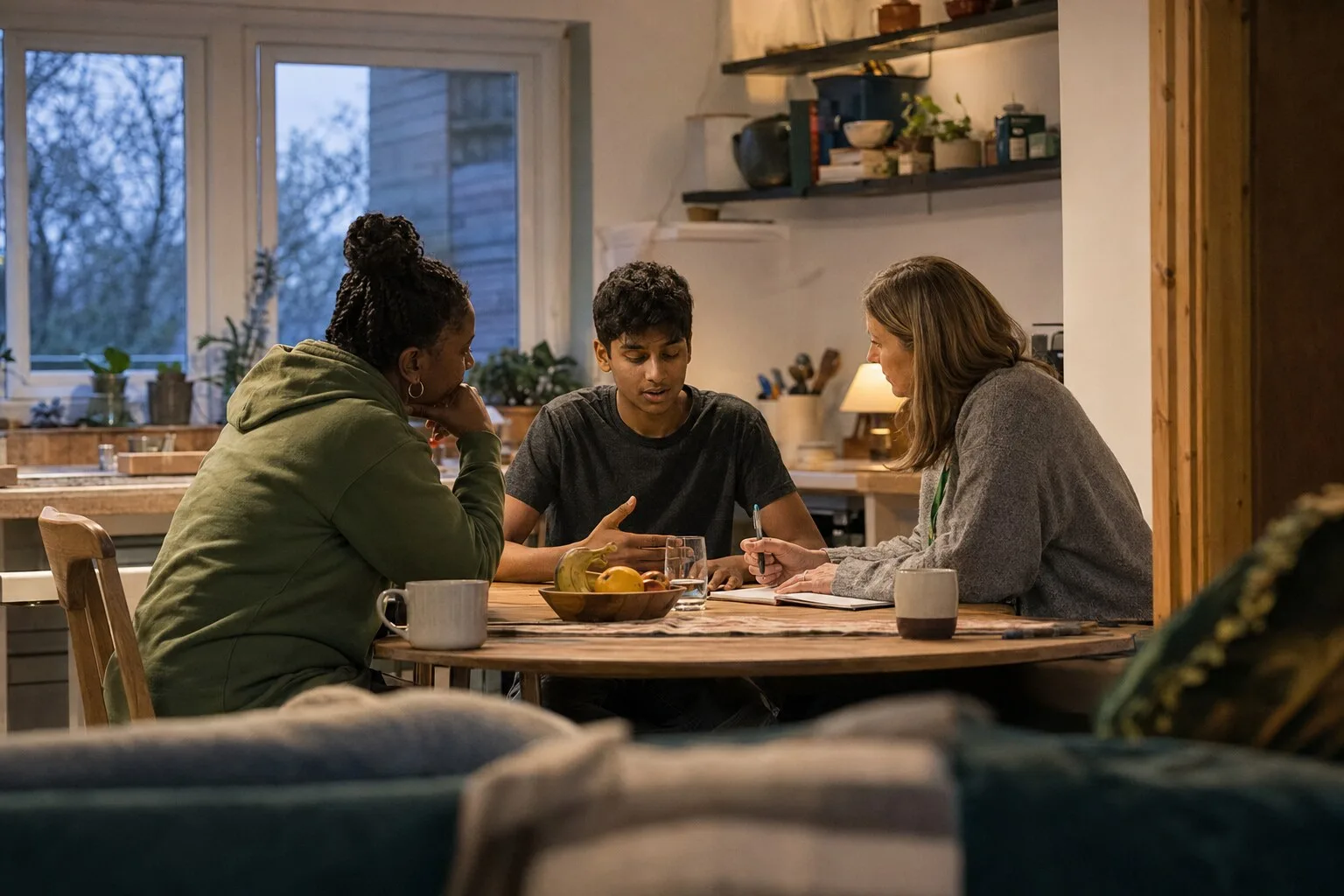 Two adults and a young person talking around a kitchen table