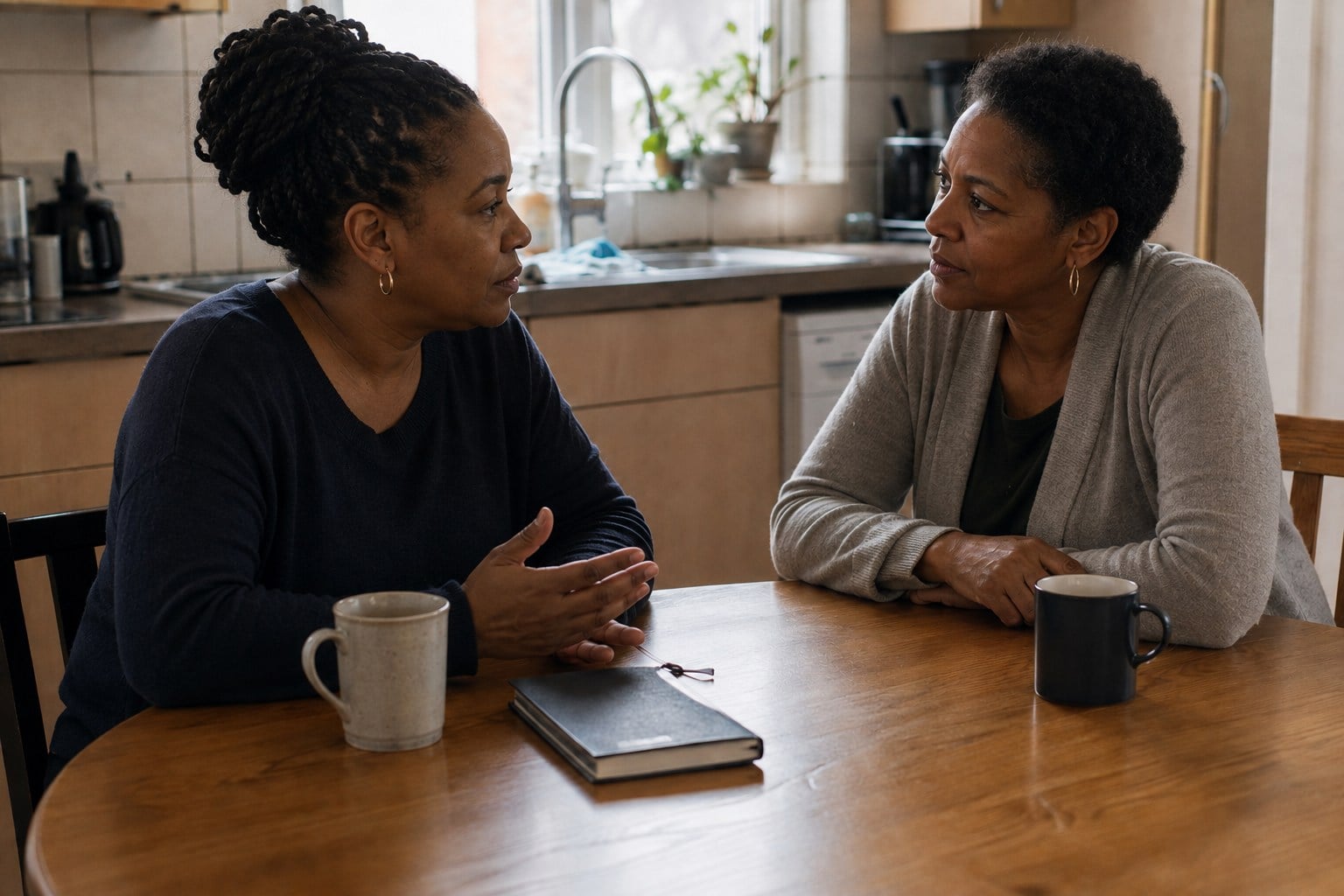 A Black foster carer speaking with her Black supervising social worker at a kitchen table