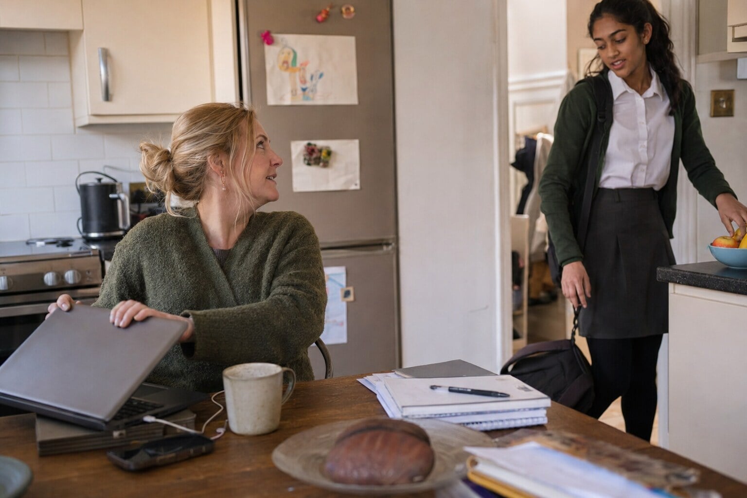 A foster carer working at a kitchen table with a laptop, a mug and a child's school bag beside her