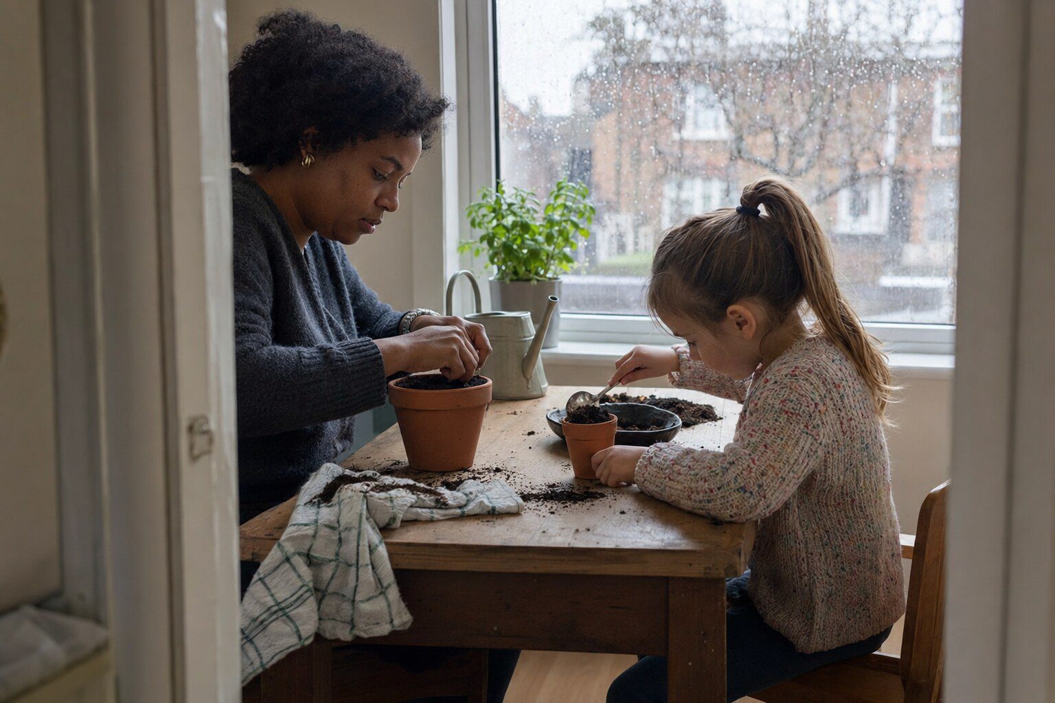 A foster carer and child sitting together, building trust and attachment at home