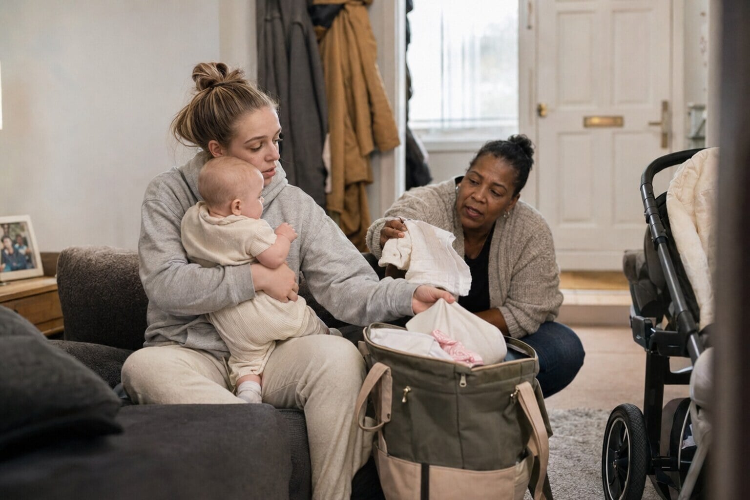 A foster carer gently supporting a young parent caring for their baby at home