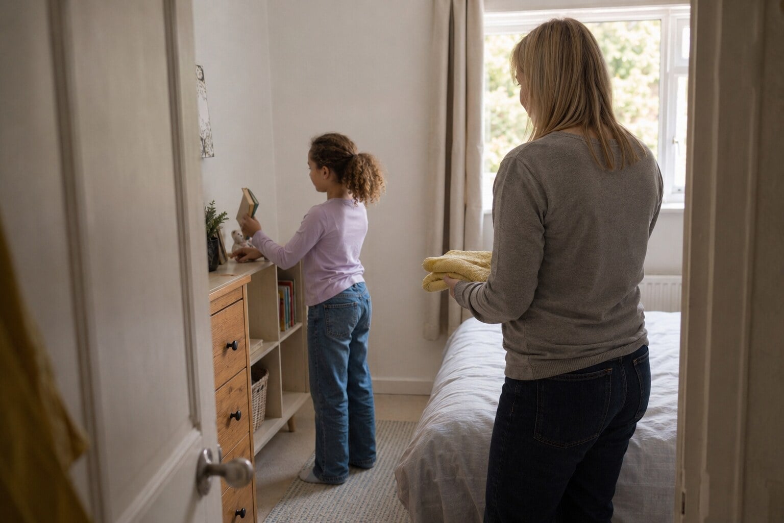 A foster carer helping a child unpack a bag in a bright bedroom at the start of a short-term placement